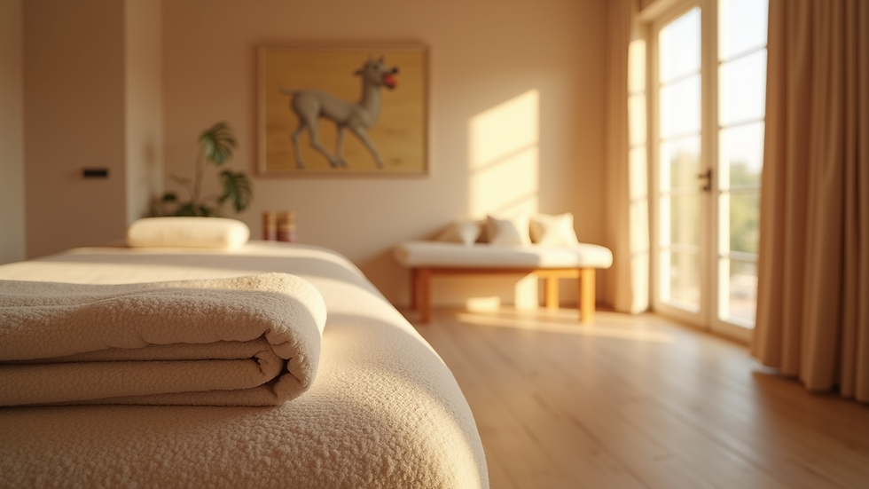 Eye-level view of a calm massage room with soft lighting and a massage table