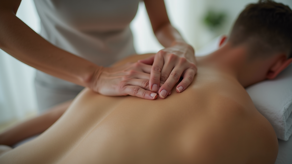 Close-up view of massage therapist applying deep pressure on back muscles