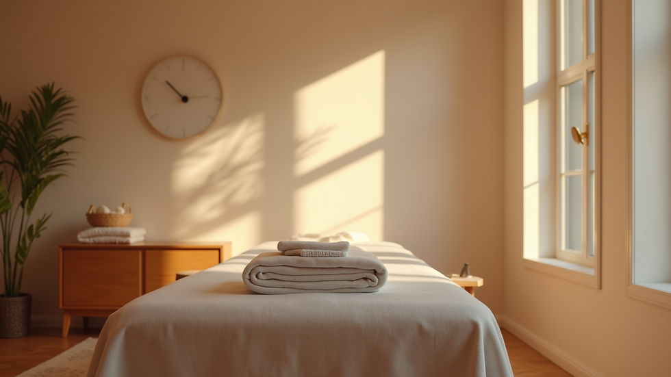 Eye-level view of a calm therapy room with massage table and soft lighting