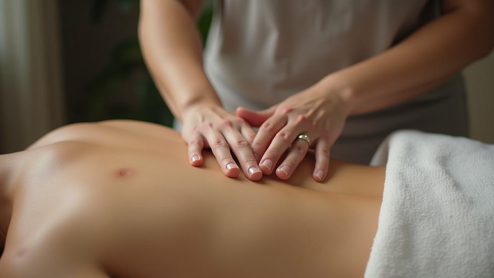 Close-up view of therapist applying massage oil on back muscles