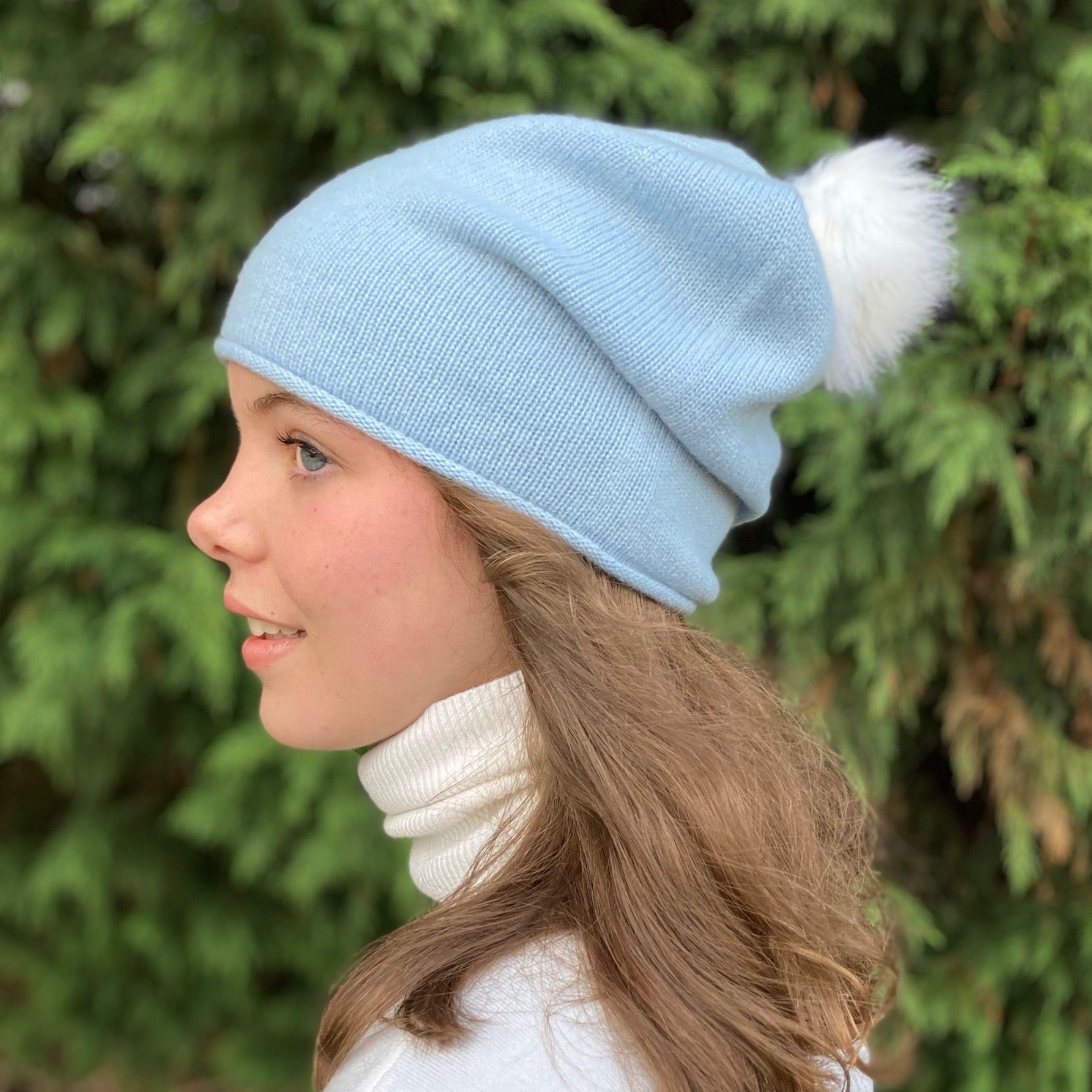 Slouchy Pompon Beanie - Sky Blue