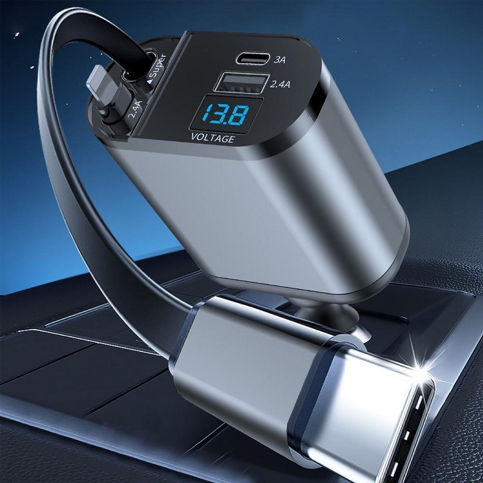 Thumbnail: Retractable Car Charger 4 in 1 Fast Car Phone Charger 120W With USB Type C Cable