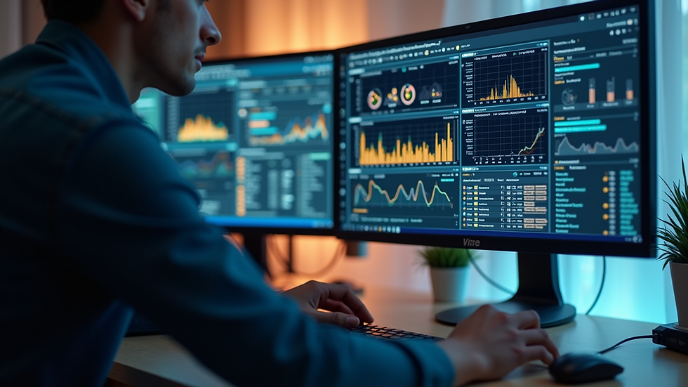 A data analyst is focused on interpreting complex visualizations and charts on a dual-monitor setup, analyzing trends, metrics and network protocols