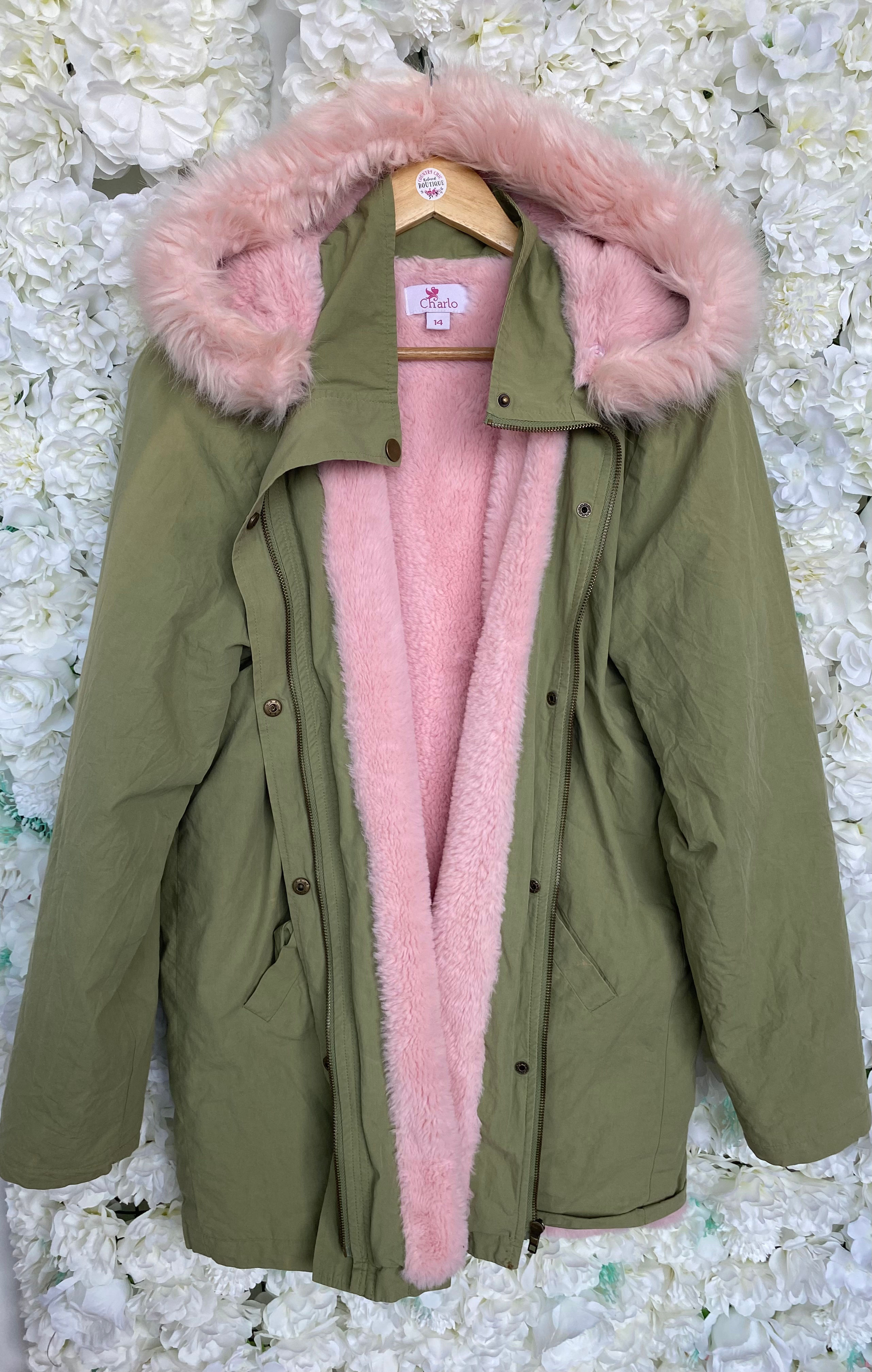 🌸 Charlo Army Green Fur Lined Coat Sz 14
