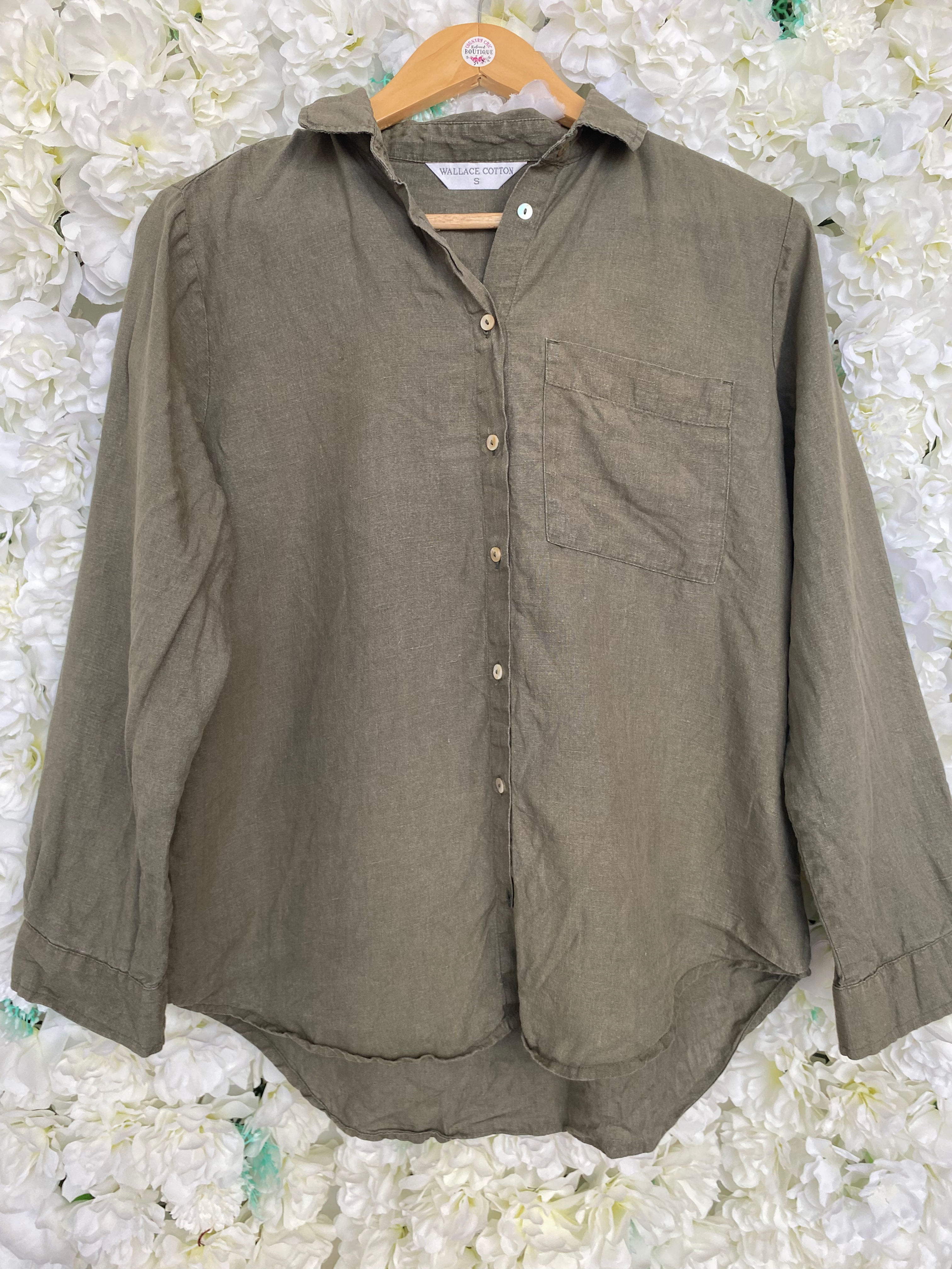 🌸 Wallace Cotton Olive Green Linen Shirt Sz S