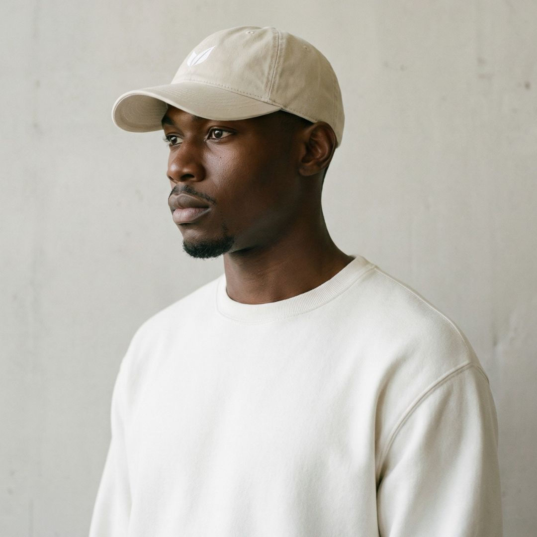 Man wearing an off-white baseball cap with tonal leaf embroidery and an off-white crewneck against a light concrete wall.