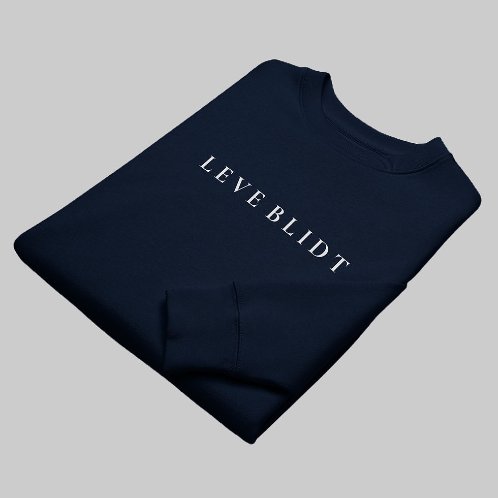 Thumbnail: close up of folded navy crew with "LEVE BLIDT" printed on front
