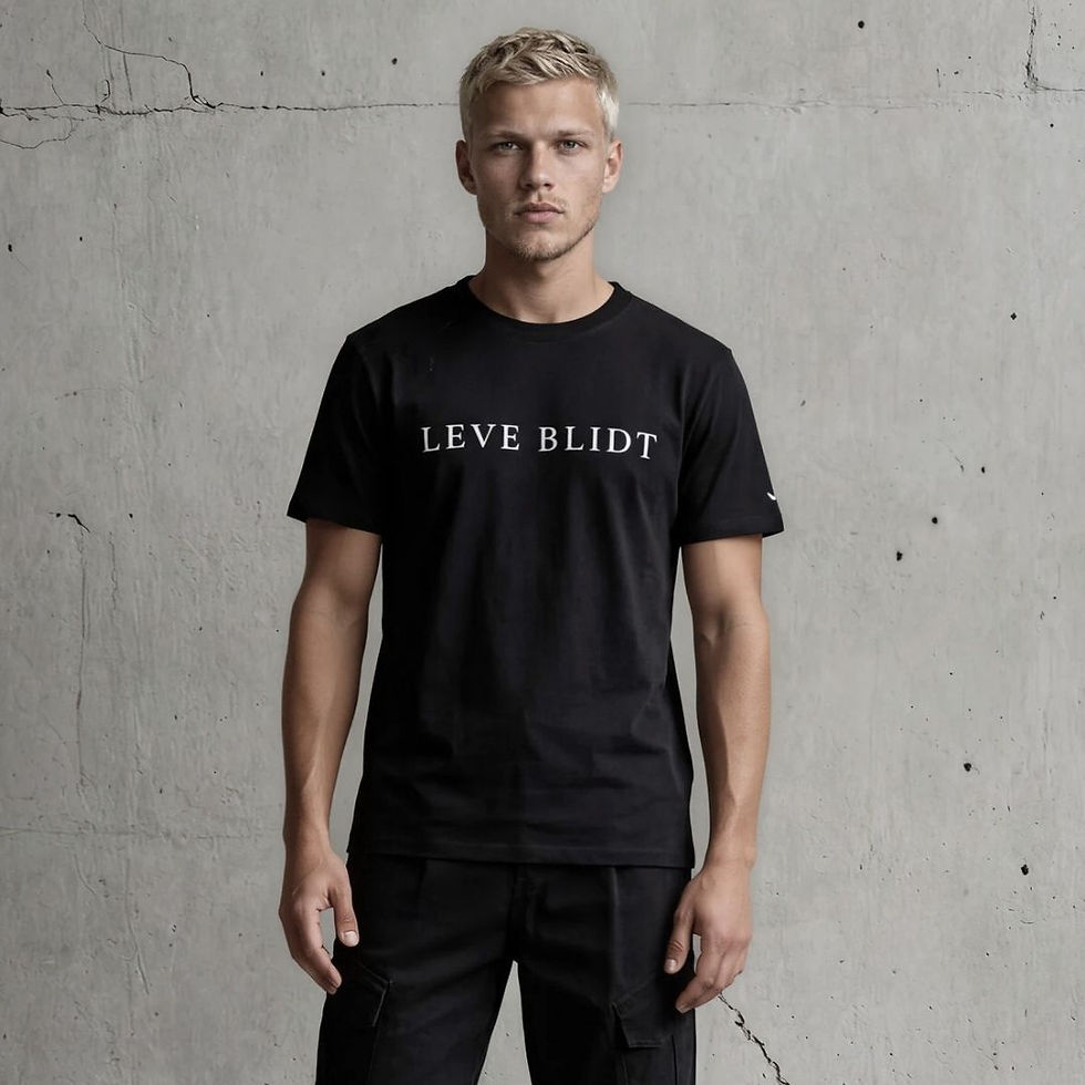 Thumbnail: 3/4 body view front facing male model wearing black organic cotton LEVE BLIDT signature tshirt with black cargos
