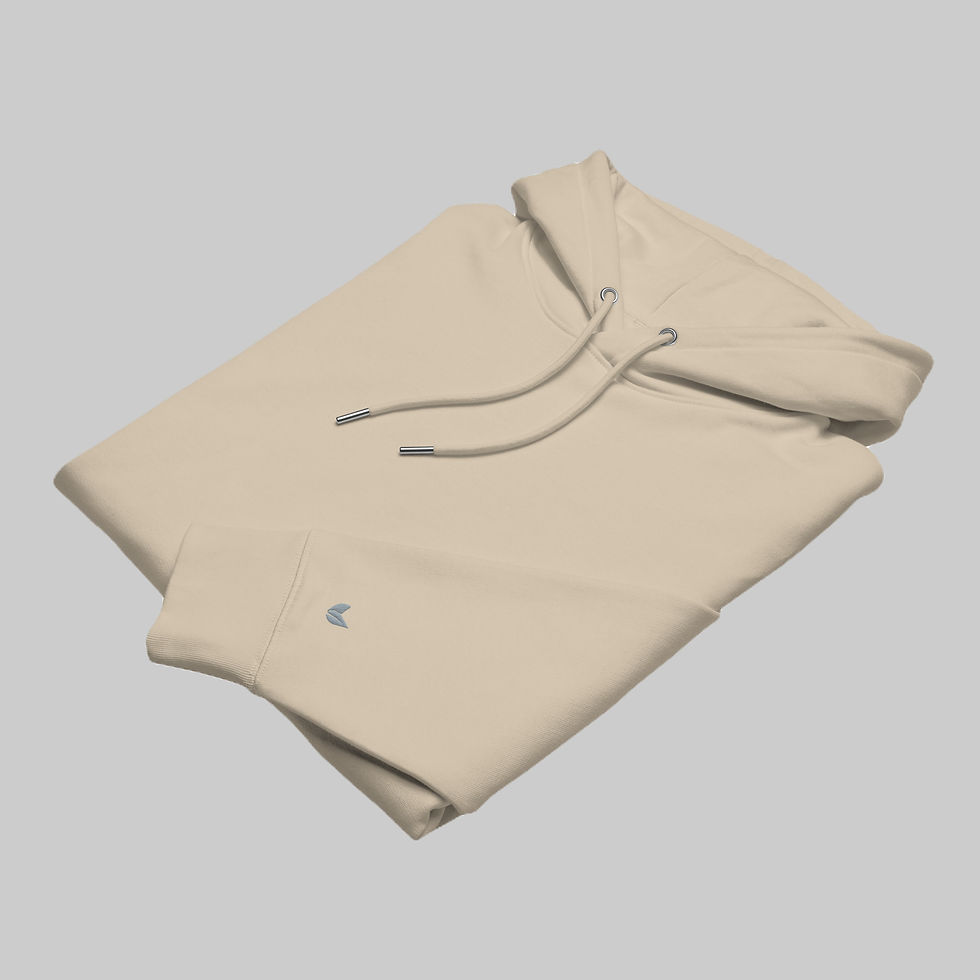 Thumbnail: close up of folded desert dust hoodie with leaf embroidered on left wrist