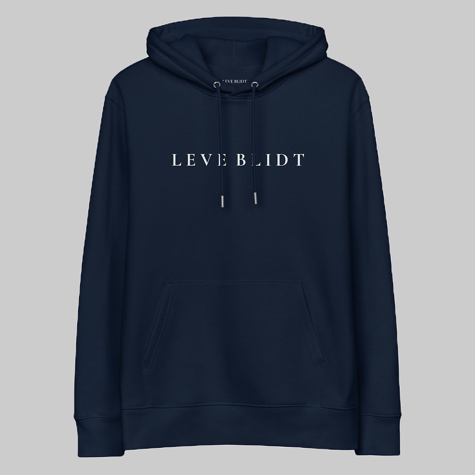 front view of Navy organic cotton hoodie with LEVE BLIDT printed on chest