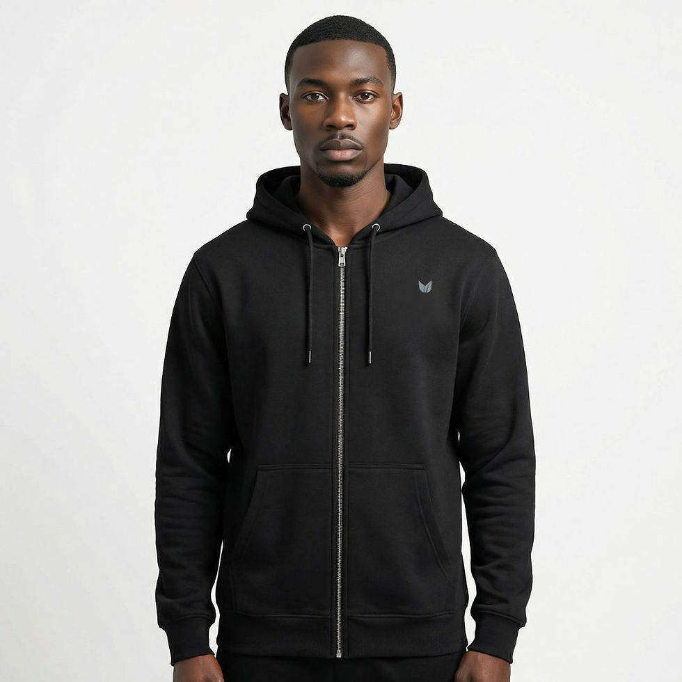 Thumbnail: man wearing black zip up hoodie with subtle leaf embroidered in grey on upper left chest