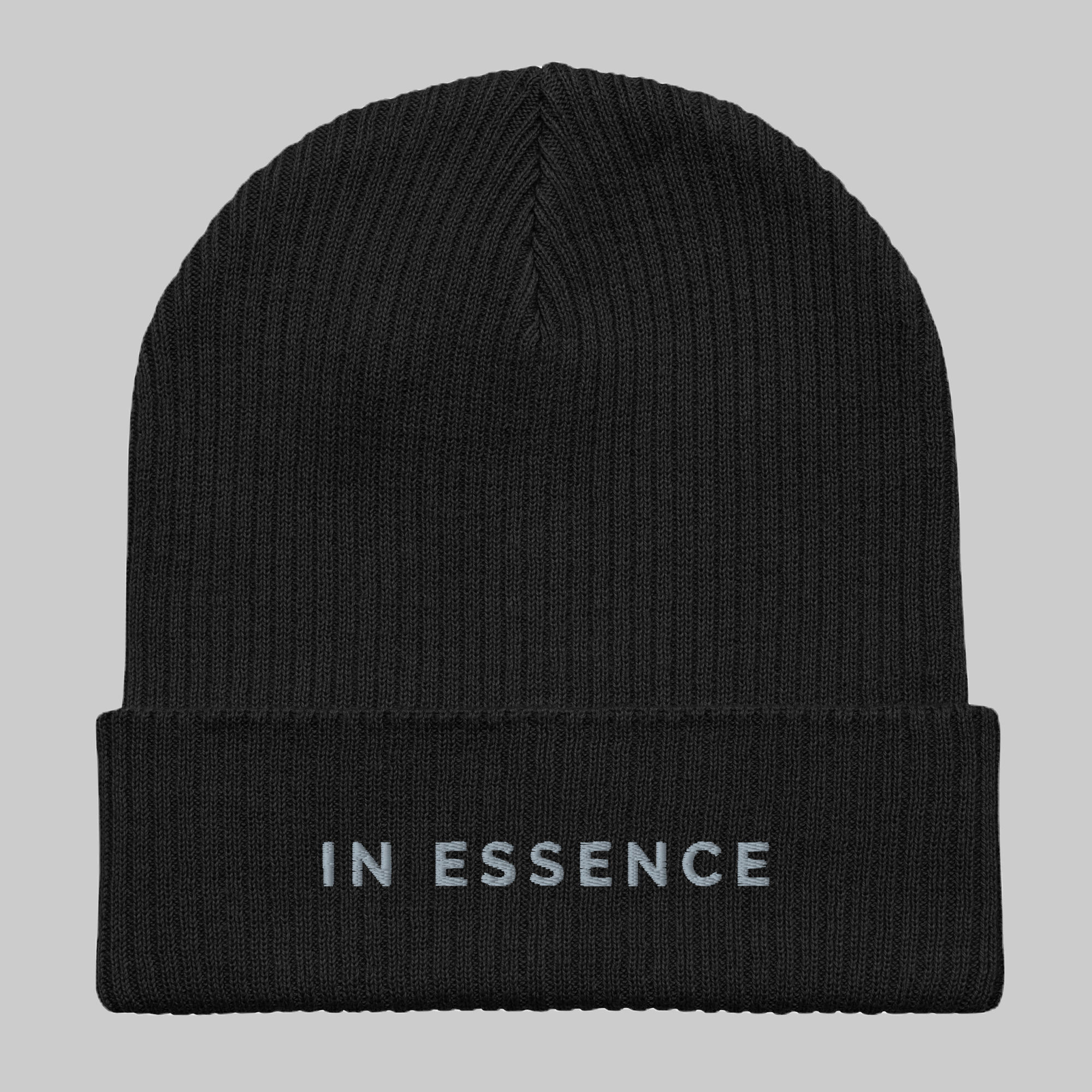black organic cotton ribbed beanie with IN ESSENCE embroidered on front