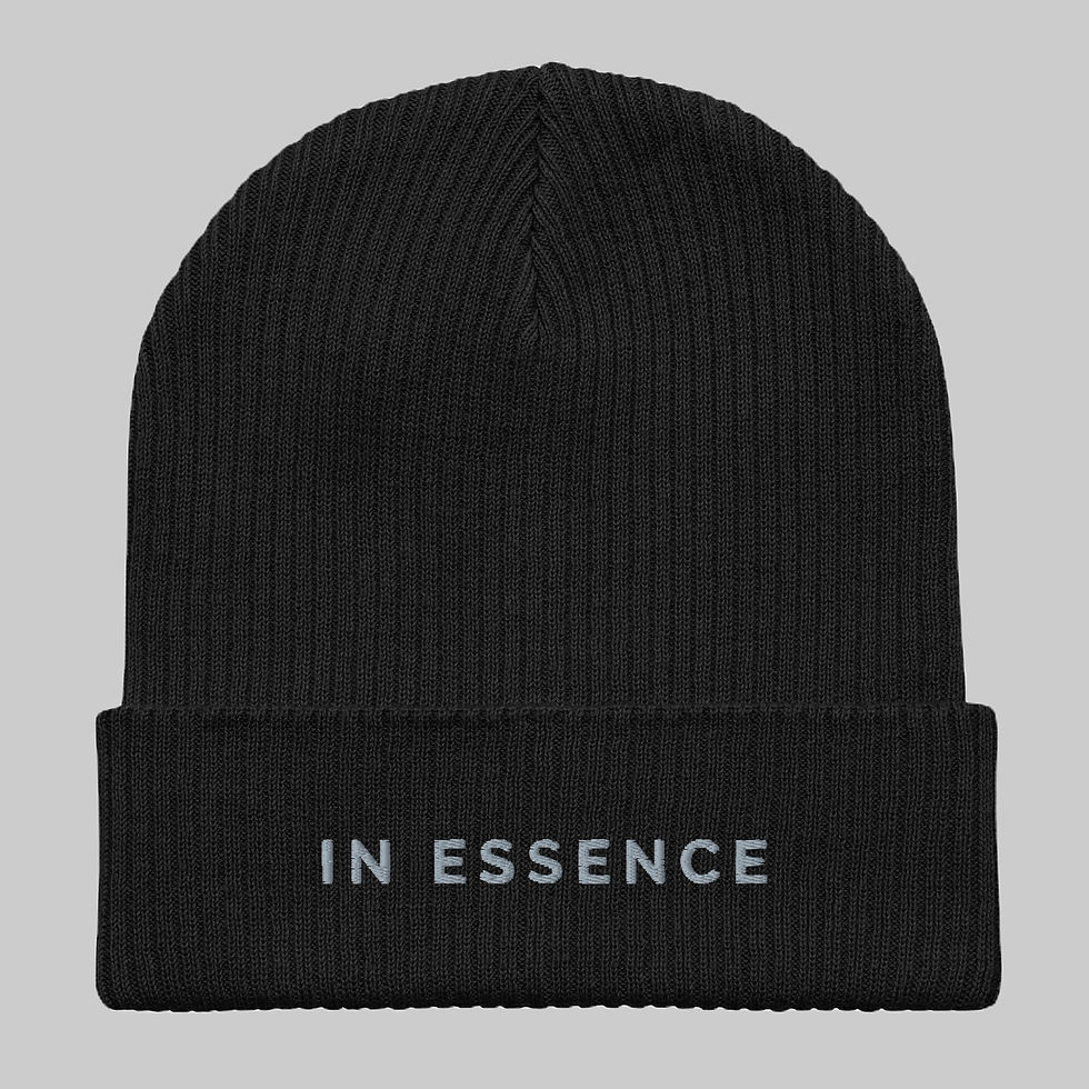 black organic cotton ribbed beanie with IN ESSENCE embroidered on front