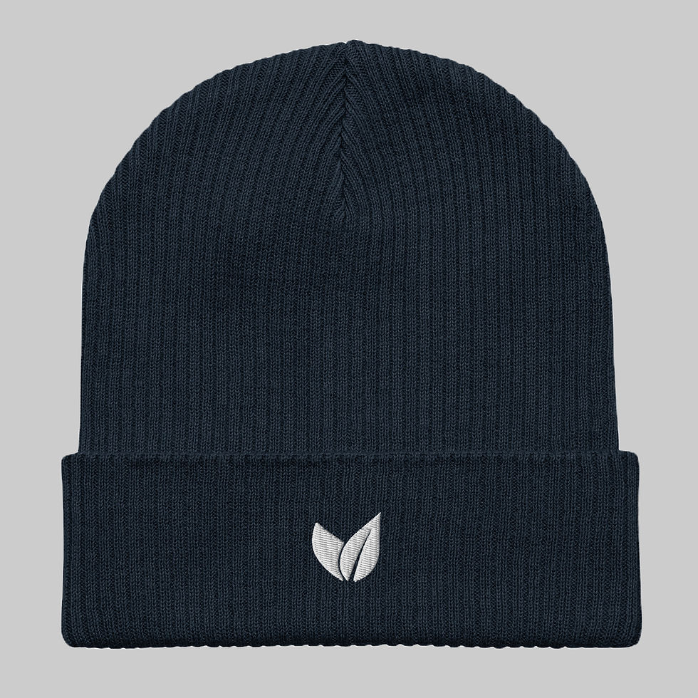Navy organic ribbed beanie with white leaf logo, front view