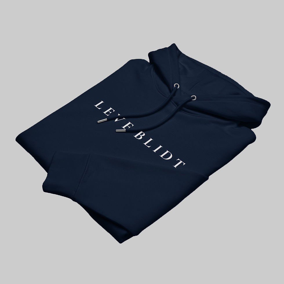 Thumbnail: folded close up view of navy hoodie with LEVE BLIDT printed on chest