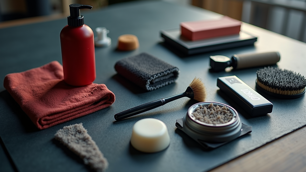 High angle view of a collection of car care products laid out neatly