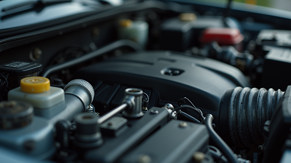 Close-up view of a car engine with tools neatly organized