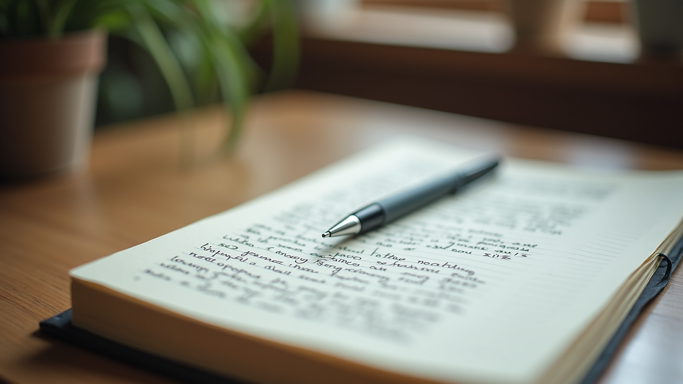 Close-up view of a journal with handwritten notes and a pen on a wooden desk