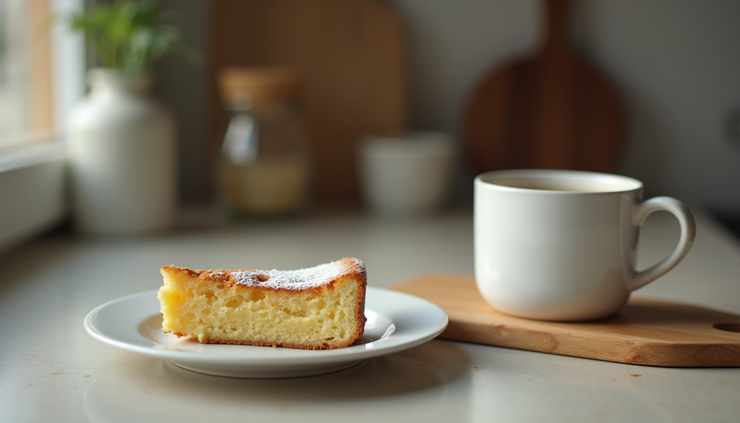 Eye-level view of a kitchen counter with a half-eaten slice of cake and a cup of coffee with milk