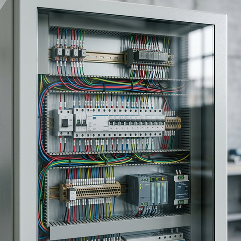 Nahaufnahme eines modernen, industriellen Schaltschranks mit Glasfront, der ordentlich organisierte farbige Kabel, Schalter und elektronische Module auf Hutschienen vor einem neutralen Hintergrund zeigt.