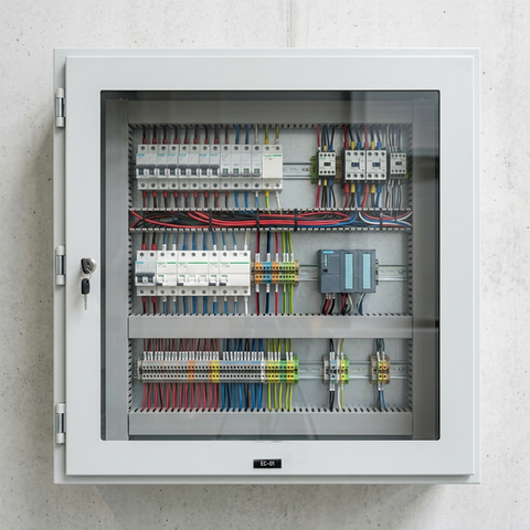 Moderner, wandmontierter Elektro-Schaltschrank mit Sichtfenster aus Glas, sauber organisierter interner Verkabelung und Sicherungselementen vor einer minimalistischen Betonwand.