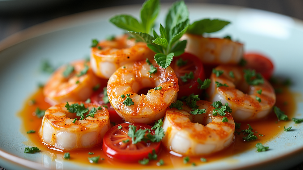 Close-up view of a gourmet seafood dish with fresh herbs and vibrant colors