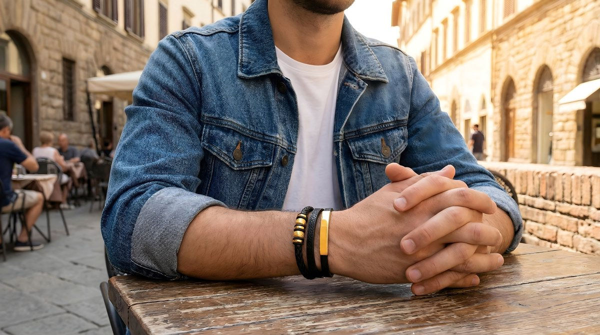 Armband heren leer goud kleur Franci verstelbaar 19,5cm - 21,5cm