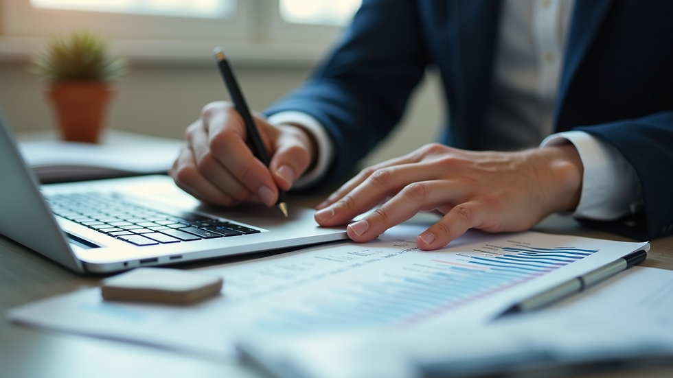 High angle view of a tax preparer working on a laptop with financial documents