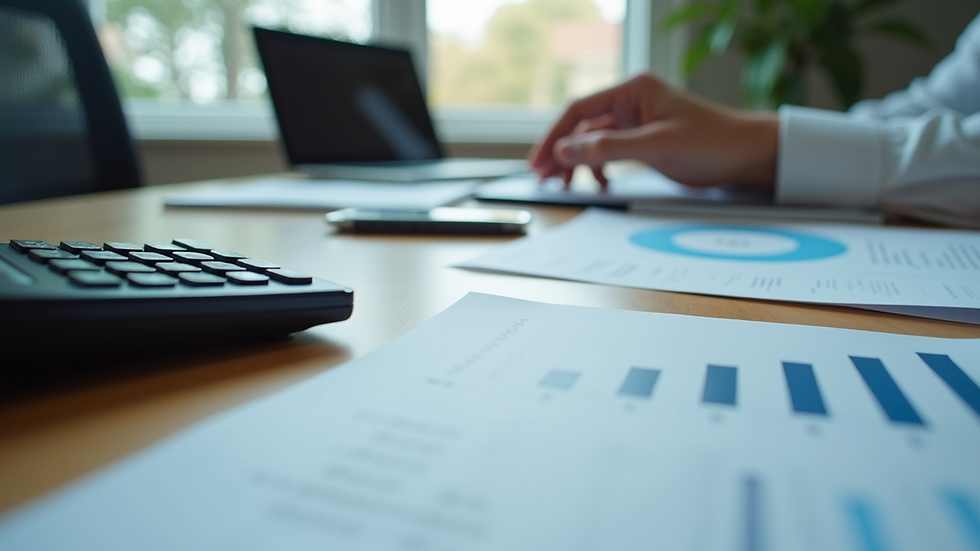 Eye-level view of a modern office desk with accounting documents and calculator