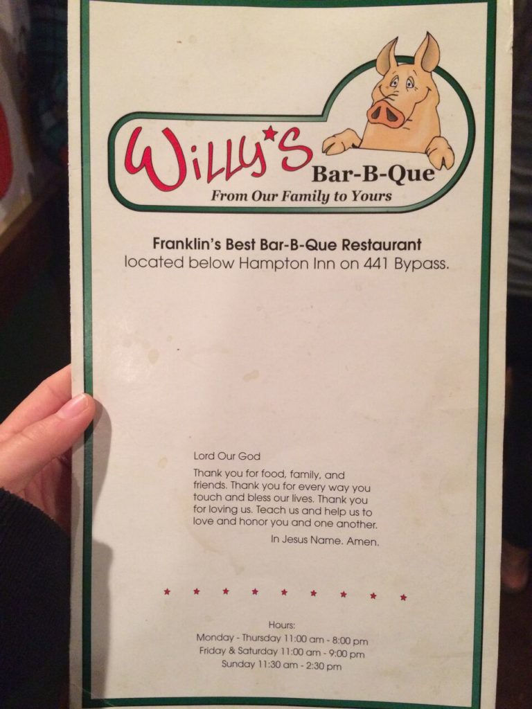Willy’s BBQ diner prides its on the being “Franklins Best Bar-B-Que Restaurant.”