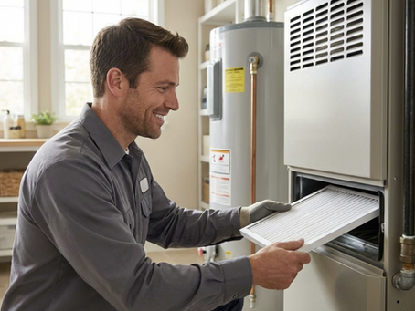 Rochester Home Management technician replacing a furnace filter