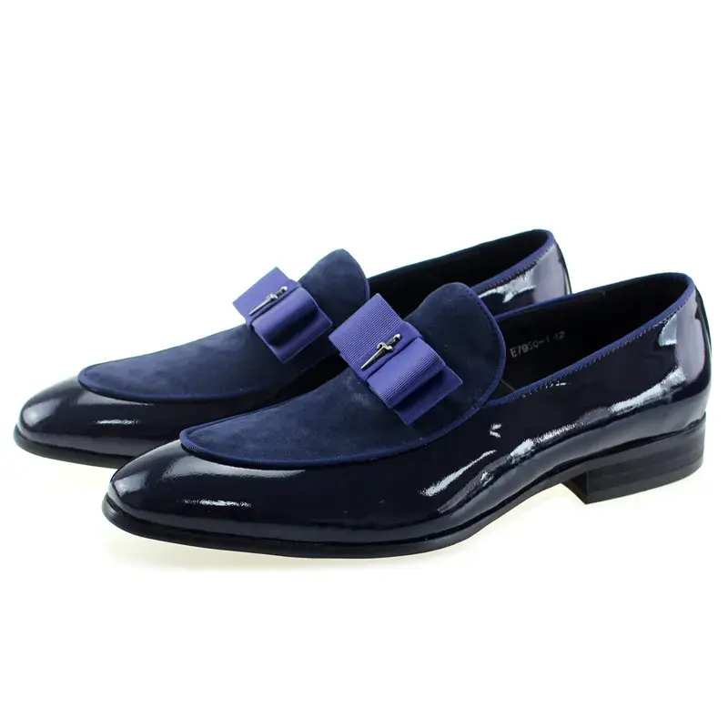 Thumbnail: Handmade Men;s Loafer Shoes Genuine Patent Leather Suede Patchwork With Bow Tie