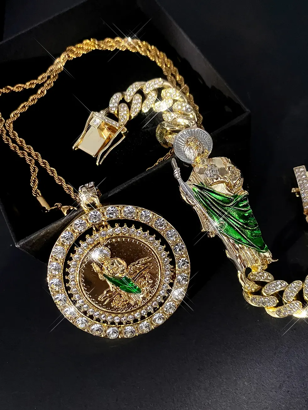 Thumbnail: 2pcs/Set San Judas Tadeo Necklace and Bracelet Rotatable Religious Pendant