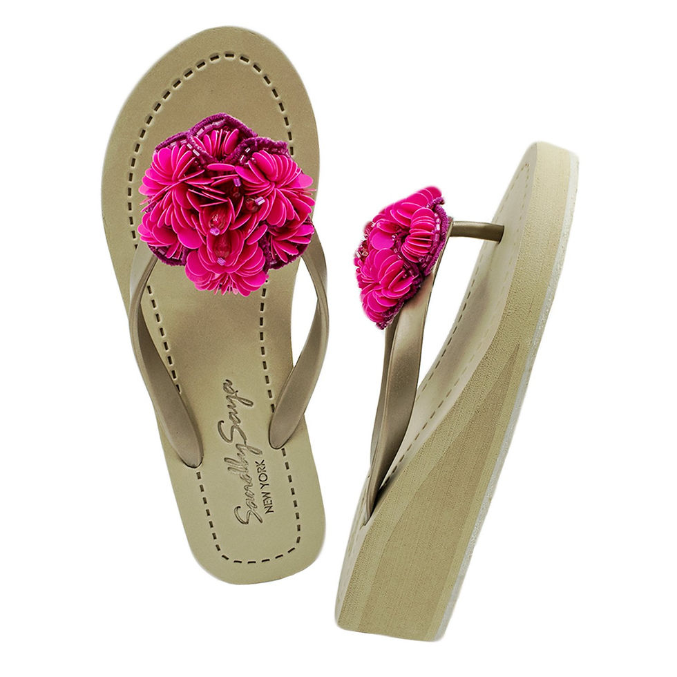 Thumbnail: Noho Pink Flower - Embroidered Mid Wedge Flip Flops
