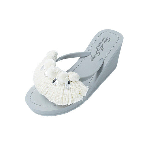 Thumbnail: White Pom Pom Fringe - Women's High Wedge