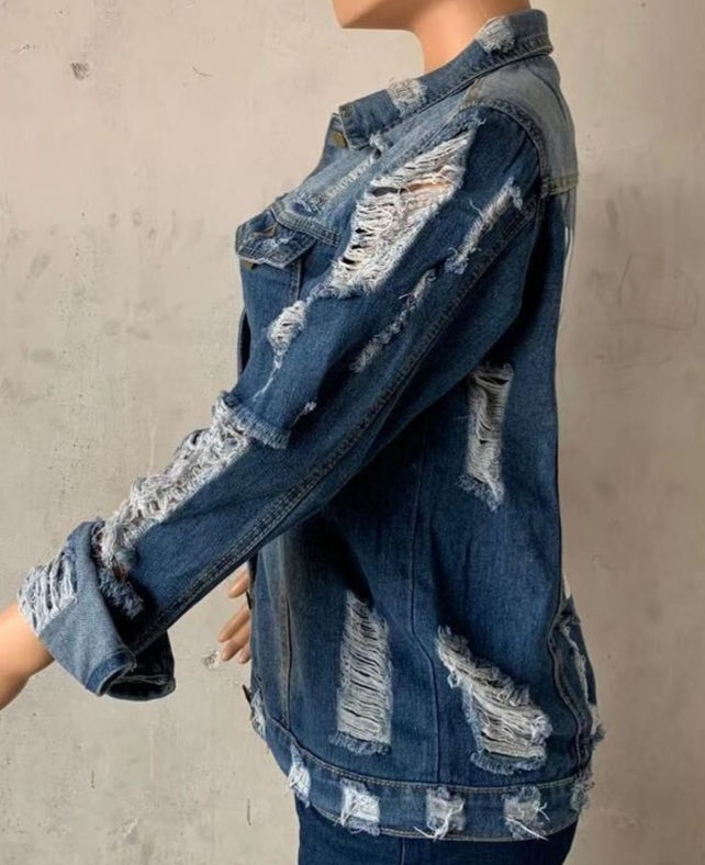 Thumbnail: Wake Pray Slay Distressed Denim Jacket