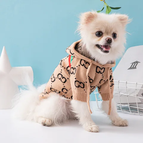 Thumbnail: White Dog in Tan Designer-inspired Hooded Pet Sweater Front View