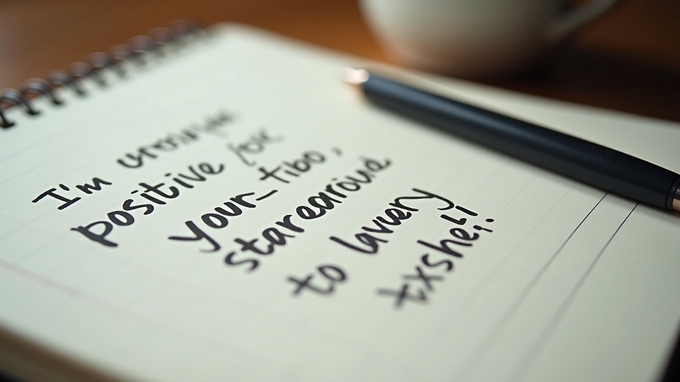 Close-up of a journal with handwritten positive affirmations and a pen