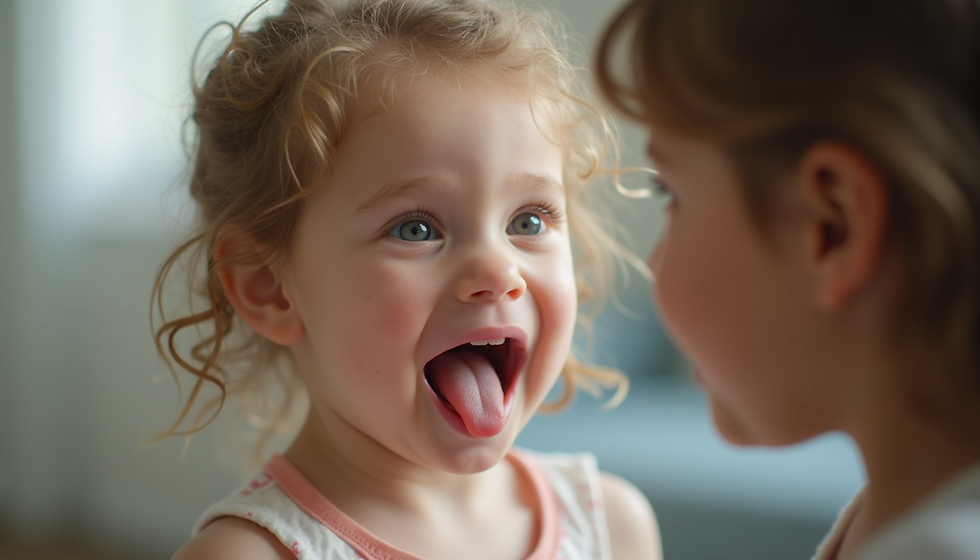 Close-up view of a child practicing tongue placement for speech sounds