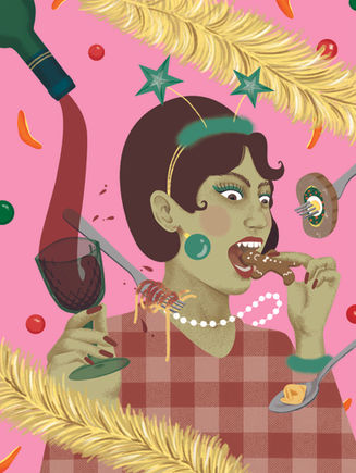 donna sorridente circondata dal cibo  natalizio in atmosfera vintageGirl eating food illustration l