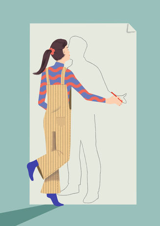  una donna dipinge la sagoma di un uomo su un muro e la bacia, simbolo di desiderio, solitudine e amore immaginato.
 a woman paints the silhouette of a man on a wall and kisses it, symbolizing desire, loneliness, and imagined love.