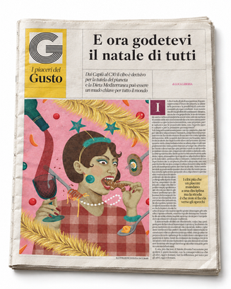 Illustrazione di una donna che mangia, cibo di Laura Angelucci