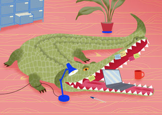 Illustrazione sul mobbing: un coccodrillo con un computer in bocca
Mobbing illustration: a crocodile with a computer in its mouth