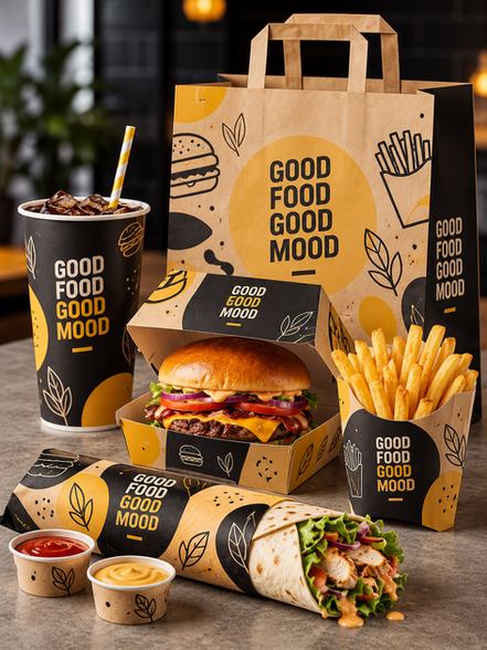 Custom fast food takeaway packaging set featuring printed burger boxes, French fries cartons, kraft paper carrier bags, drink cups, wrap packaging and sauce containers in black and yellow branding.