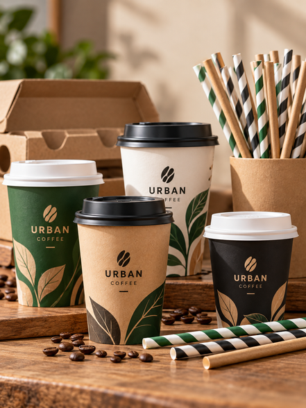Custom branded takeaway paper coffee cups in green, kraft brown, white and black designs, displayed with disposable cup lids, striped paper straws and cardboard drink carriers.