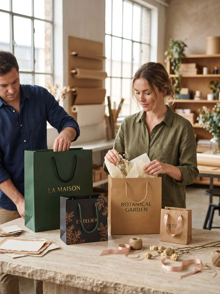 Luxury kraft paper shopping bags with custom printed logos and premium handles, displayed in a boutique packaging workshop in Turkey.
