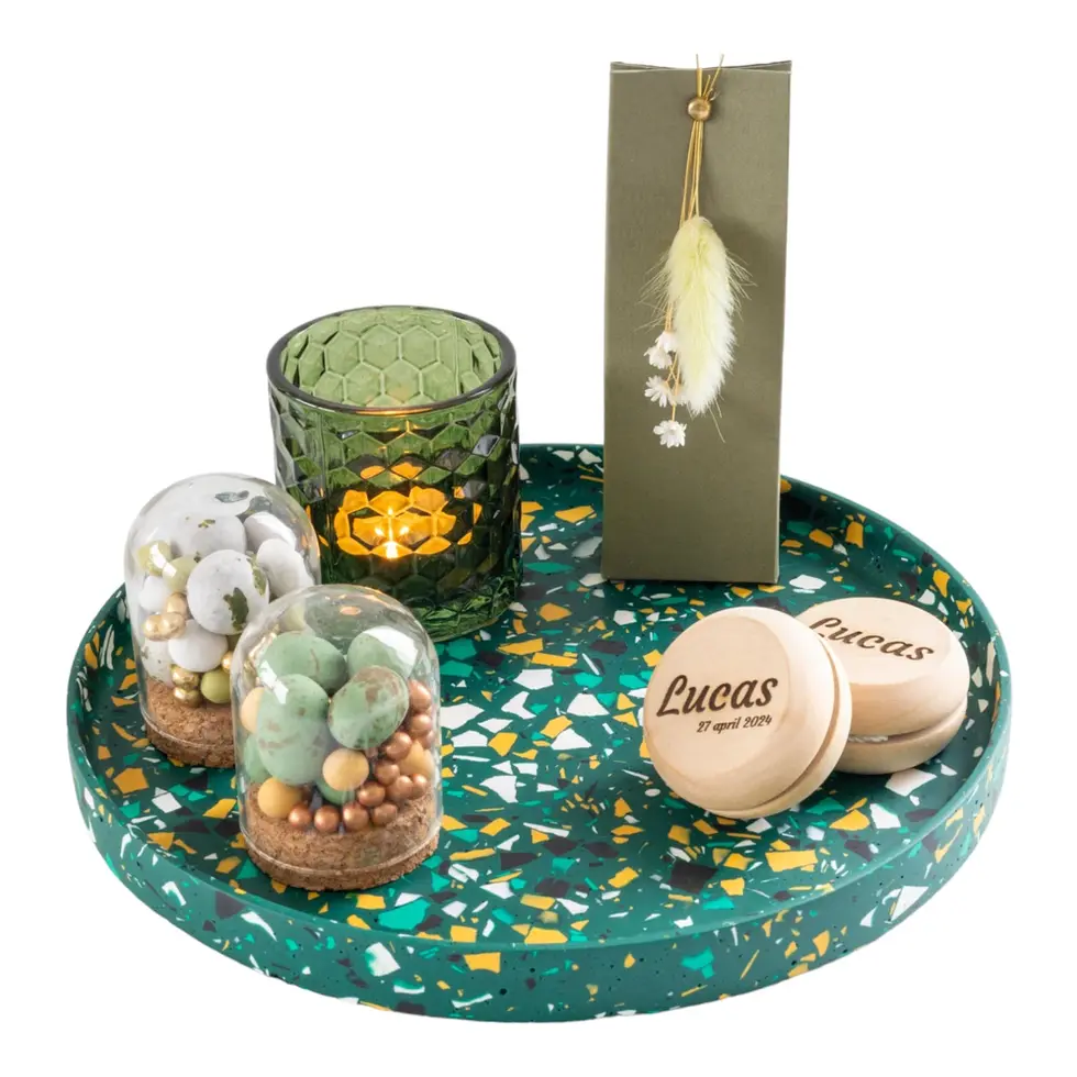 LiZ-e - Terrazzo dienblad - ronde schotel - kleur groen - presentatieplateau - Doopsuiker - Geboorte - Decoratie - Huwelijk