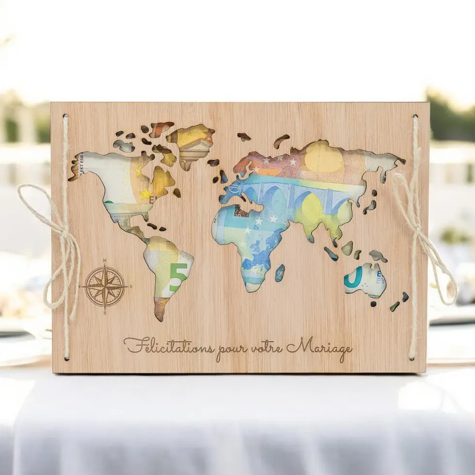 LiZ-e - Huwelijkscadeau - Houten bord - Wereldkaart - Félicitations pour votre Mariage - Geldcadeau - Origineel Geschenk