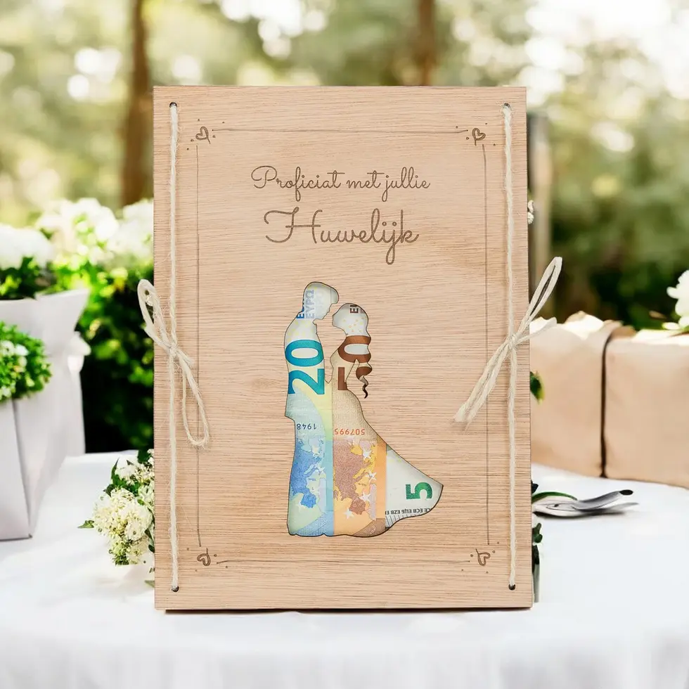 LiZ-e - Huwelijkscadeau - Houten bord - Koppel - Proficiat met jullie Huwelijk - Geldcadeau - Origineel Geschenk - Origineel