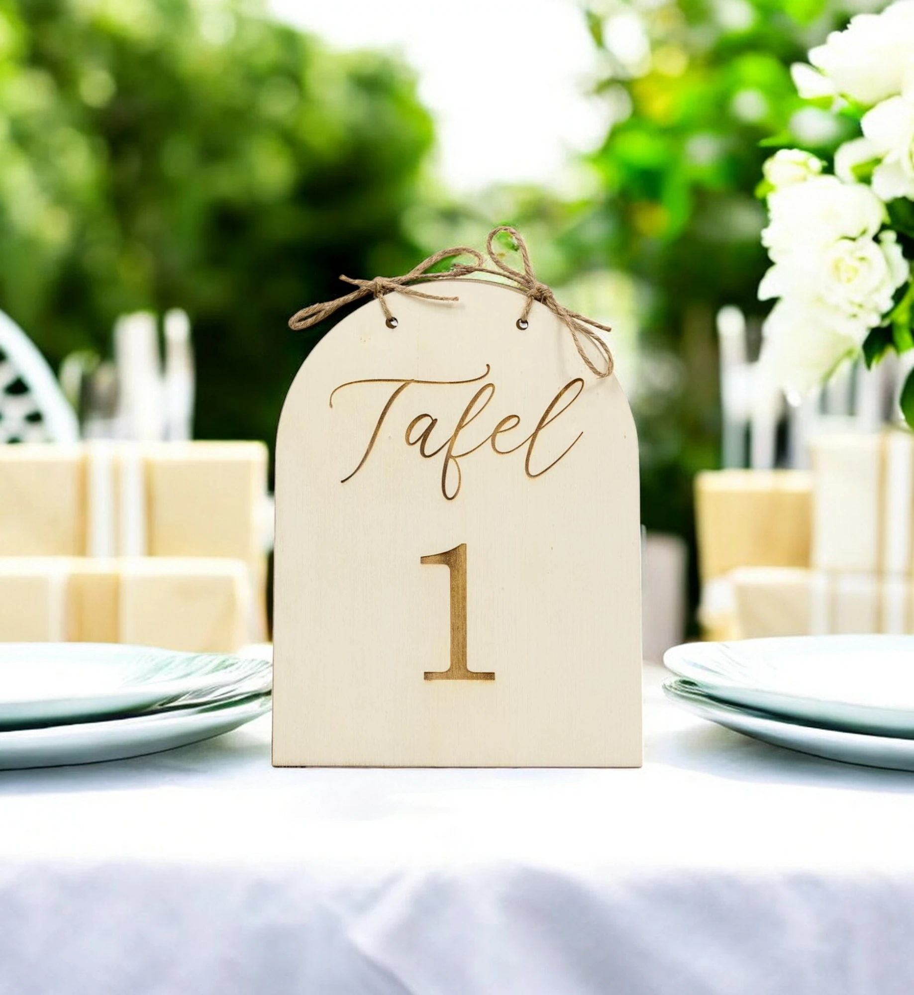 Houten Bord – Stijlvolle Tafelaanduiding voor Bruiloften en Feesten Maak jouw bruiloft, jubileum of evenement extra speciaal met deze prachtige houten tafelnummers. Deze tafelnummers combineren een natuurlijke en moderne uitstraling en helpen gasten eenvoudig hun plek te vinden. Ideaal voor het organiseren van een trouwfeest, gala, babyshower, doopsel of bedrijfsfeest. ✔ Afmetingen: De borden meten 20 cm (hoogte) x 15 cm (breedte) x +- 4 mm (dikte) ✔ Makkelijk neer te zetten: De 2 helften zijn vastgemaakt met stevige jute touw Hoe gaat huren in zijn werk? ✔ Kies de decoratie die je wenst te huren. Je kan meerdere artikelen in 1 reservering toevoegen. ✔ Selecteer de datum wanneer je de decoratie wenst te huren. ✔ Wij verhuren onze decoratie steeds voor 1 week. Zo heb je voeldoende tijd om deze op te halen en terug te bezorgen. ✔ Na jouw boeking controleren we de beschikbaarheid en ontvang je een bevestiging. ✔ Je ontvangt een factuur. Jouw reservering is definitief na betaling. ✔ Op